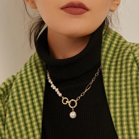 NEW 18K Gold Plated Natural Pearl Circle Link Chain Necklace - Picture 2 of 7